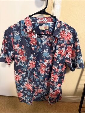 1901 Navy Button-Down Shirt with Red & Light Blue Floral Print